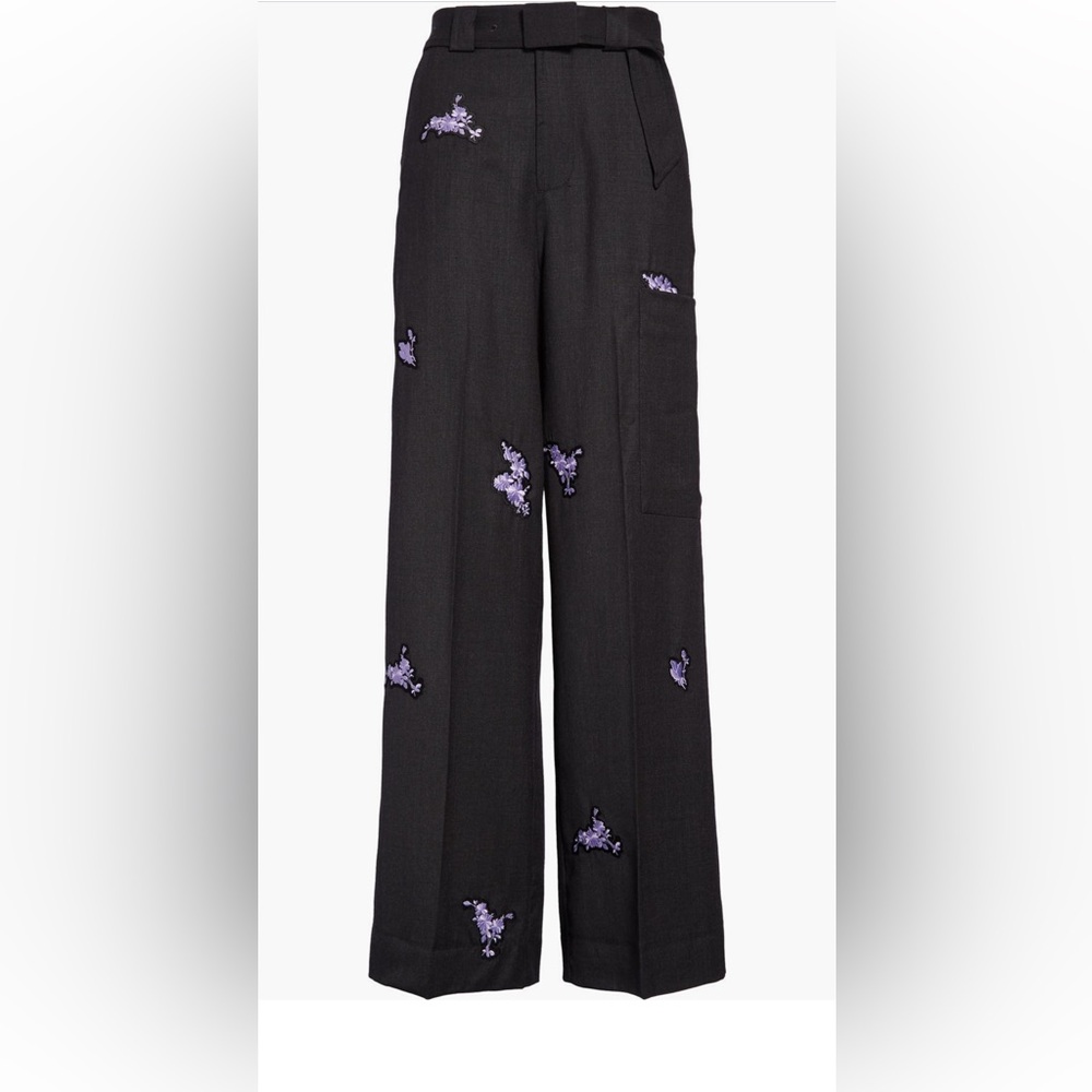 Ganni Floral Embroidered High Waist Wool Trousers | size 36